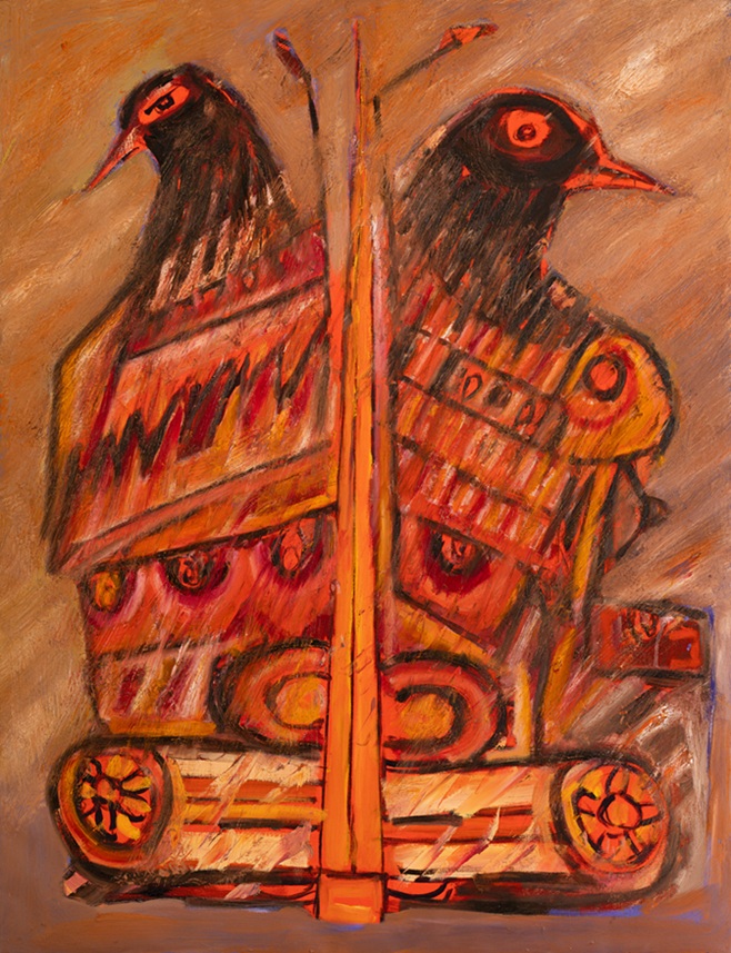 בשיר אבו רביע, "דבל פייס", שמן על בד' 120×140 ס"מ, 2024. צילום: דניאל חנוך