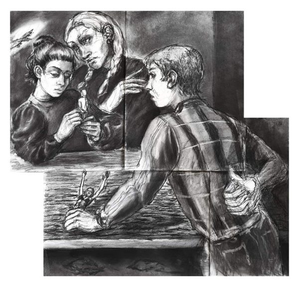 Izabella VolovnikCheaters (tribute to Caravaggio), 2025, charcoal on paper, 66x70 cm
